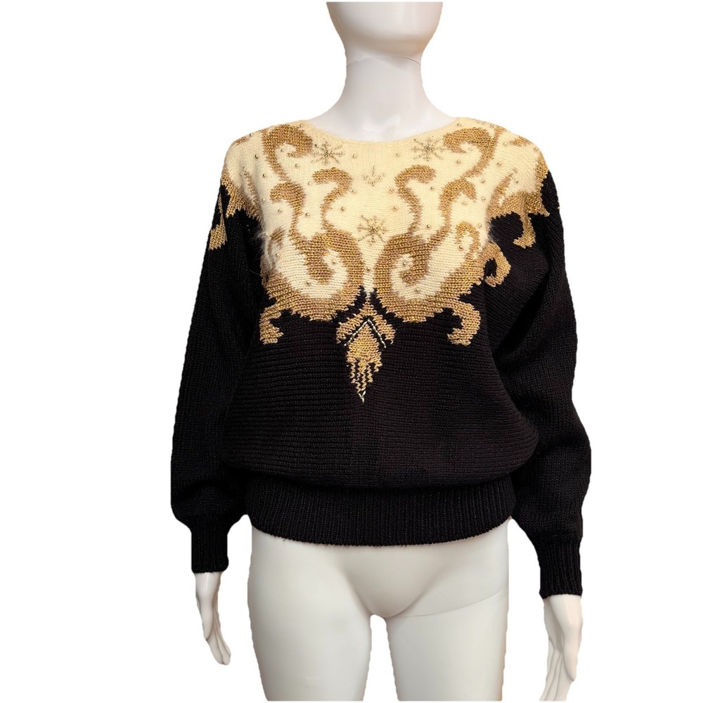 Jaclyn Smith sweater Women's SZ-S Black Cream Gold Winter Snowflakes VTG 80s